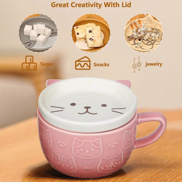 Julefødselsdagsgave, Sødt Kawaii Kat Kaffekrus med Låg Kvinder Gave, Kaffe Keramisk Tekop Dessert Tallerken Sæt Pink Cat