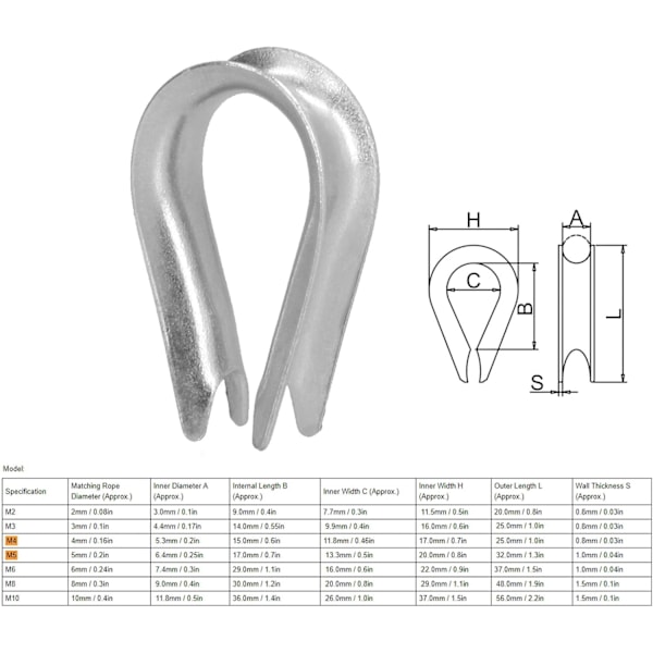 50 stk. Wire Rope Thimble Wire Rope Clips Rustfrit Stål Kabel Rigging Værktøjer til Skibsbygning (M5 (5 mm))