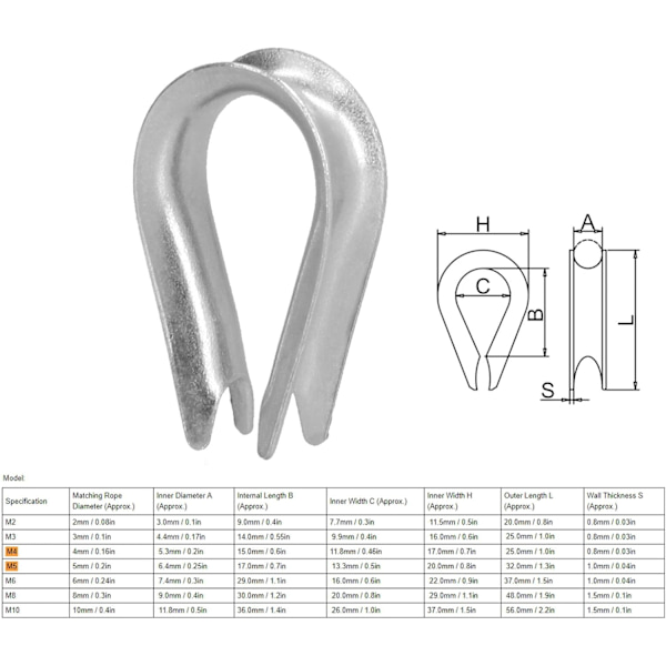 50 stk. Wire Rope Thimble Wire Rope Clips Rustfrit Stål Kabel Rigging Værktøjer til Skibsbygning (M6 (6mm))
