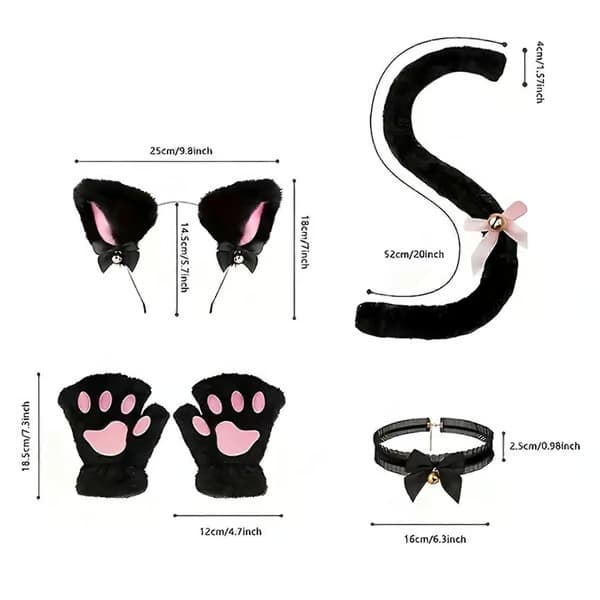4 stk./sæt Kattekostume Cosplay Tilbehørssæt Plys Materiale Katteøre Pandebånd Bjældehalsbånd Poter Handsker Hale Sæt