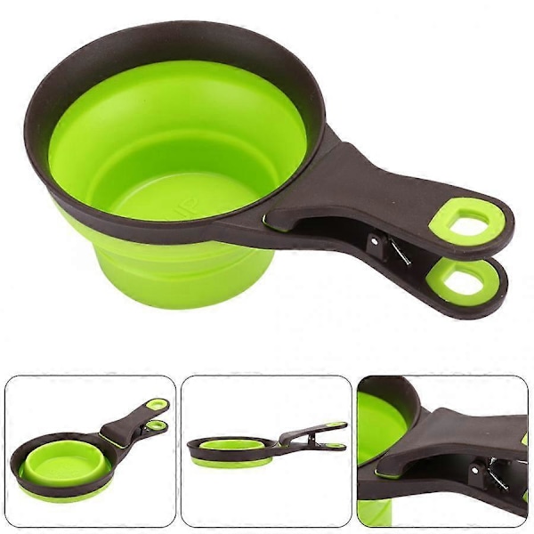 Ny stil Sammenklappelig kæledyrsfoderske med poseforseglingsclips, Multifunktionel kæledyrsfodermålekop, Hund Kat Fodring Silikoneske Foldbar Kæledyrshundemad Light Green 118ml
