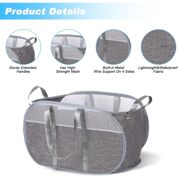 Popup-mesh-vaskekurv Stor sammenleggbar mesh-tøykurv, lett nettingkurv med håndtak til skitten tøykurv (grå)