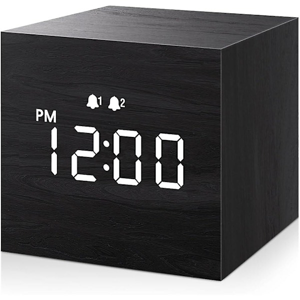 SCSYV Digital väckarklocka, med trä-LED-display, dubbla alarm, 2,5-tums kubisk liten mini-klocka i trä för sovrum, sängbord Black