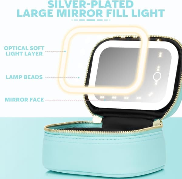 Mini makeuptaske med 3-mode LED-spejl - Bærbar justerbar lysstyrke kosmetikarrangør til polfest, arbejde og touch-ups Blue
