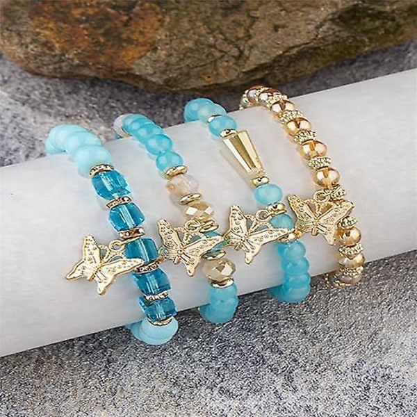 4 stk Sett Bohemsk Sommerfugl Krystallstein Stretch Anheng Armbånd For Kvinner Jenter Gull Perlebelagt Stablebart Stretch Armbånd Fargerike Smykker