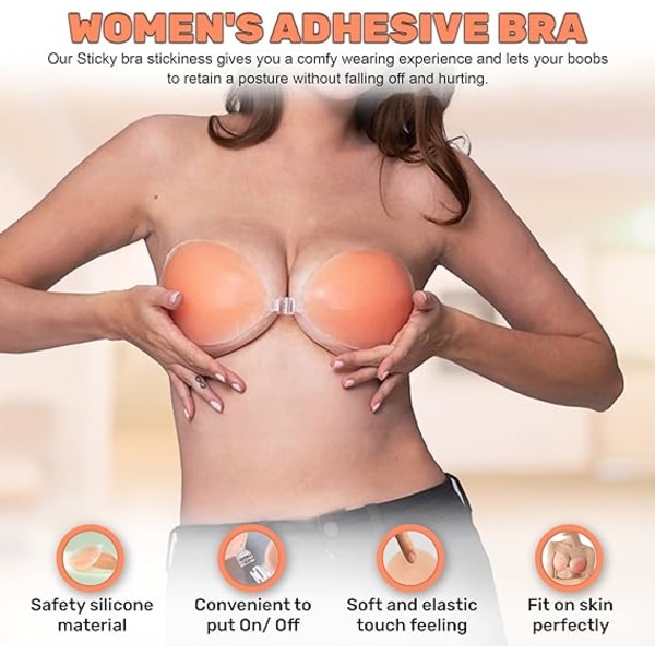 Naisten näkymättömät olkaimettomat rintaliivit, uudelleenkäytettävät Stick On Bra -rintaliivit Ihoystävälliset Sticky Push Up -rintaliivit, liimarintaliivit juhliin, baariin, häihin, rantaan (B)