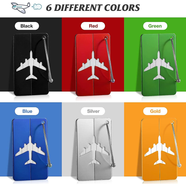 6-delt bagagemærke Fly kuffertmærke Aluminiumslegering bagagemærke med rustfri stålstrenge og vandtætte pvc-kort bagagemærker (6 farver)