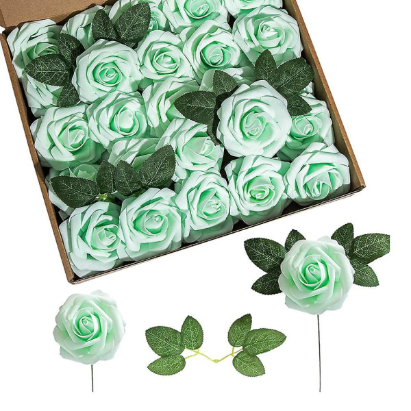 Konstgjorda blommor 25st falska rosor med stjälkar och 2 löv för bröllopsbuketter för gör-det-själv Festdekor green