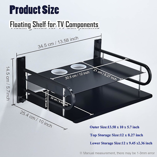Flytande vägg hylla för TV-komponenter, rymd aluminium router väggmonterad hylla fäste, TV-tillbehör kan användas för att lagra och organisera TV-box, DVD-spelare Double Layer Large