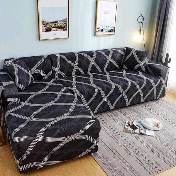 Hjørnesofatrekk (3-seter) L-formet elastisk sofatrekksett (3-seter + 2-seter) + 2 putetrekk Noir