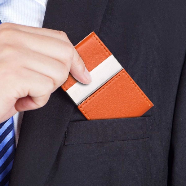 Visitkortshållare | Kreditkortshållare i PU-läder, smal ID- case i rostfritt stål för män/kvinnor | Dubbelt öppet magnetiskt spänne (orange)