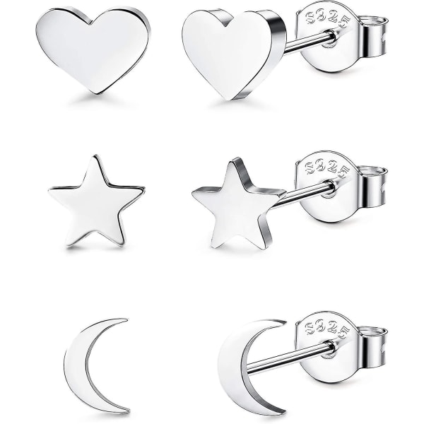 3 par 925 Sterling Silver örhängen Tiny Moon Star Heart Örhänge Vanligt silver örhängen Set för kvinnor