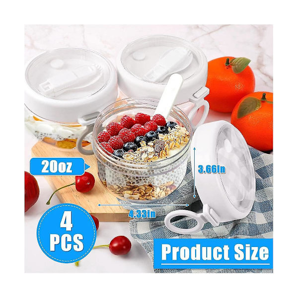 4 stk. natbeholder til overnight oats med låg og skeer, 20oz natbeholder til overnight oats, lufttæt yoghurtbeholder