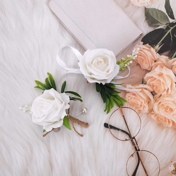 Håndleddsblomster til bryllup, blomsterhåndleddsknapphullsett Kunstige bryllupsrose Brud Håndleddsblomster Blomster Knapphull til ball (hvit)