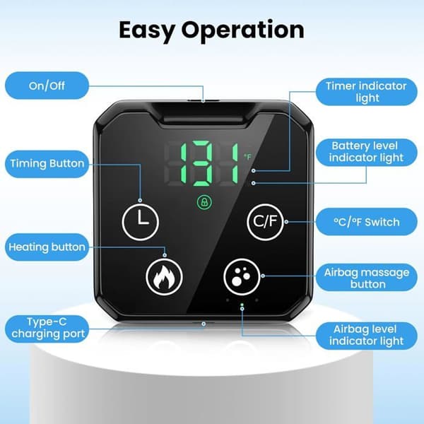 Uppvärmd vadmassager med dubbla zoner, digital display, 4 värmenivåer, 10 timerinställningar, 4 program, Svart