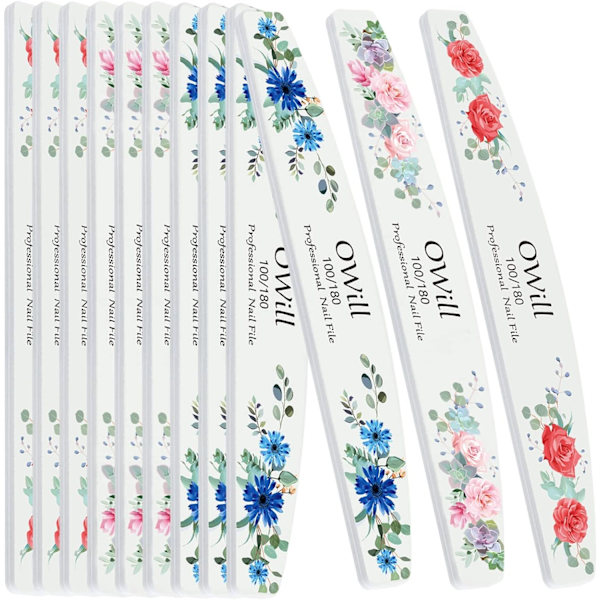 12 stk profesjonelle neglefiler 100/180 grit, fire av hver, neglebufferfiler tosidig smergelbrett manikyrverktøy for hjem og salong (blomster)