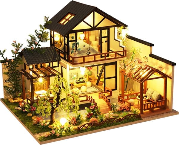 Miniatyrhuskit, litet huskit med LED, DIY trädockhus miniatyrkit för vuxna tonåringar, trähantverk, härligt dockhuskit, bambu