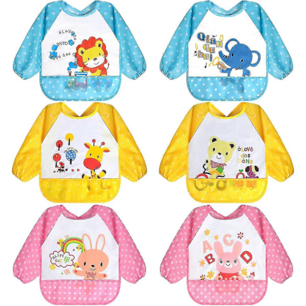 5-pack Långärmade Bebis-Släpkläder, Vattentäta Ärmar, Småbarns-Släpkläder för 6-36 Månader 6pcs-blue Pink Yellow Tie Closure-6-36 months