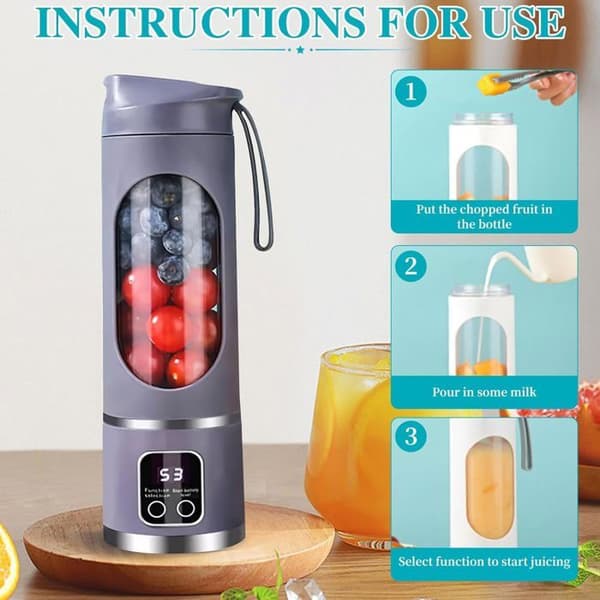 Bærbar Smoothie Blender, 450 ml, Genopladelig Mini Blender med 12 Knive og LED-display, Lilla