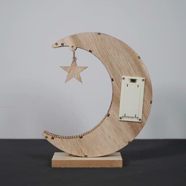 3D Ramadan-lampe i tre, håndlaget Måne Stjerne LED-lysdekorasjon, Ramadan Mubarak Lampepynt, Eid-pynt Gave -DQ