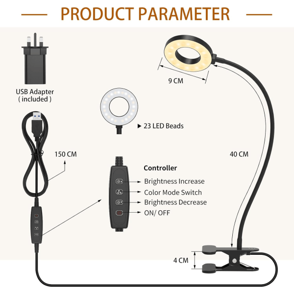 LED-skrivebordslampe med USB-adapter【3 fargemoduser 10 lysstyrker】 40 cm svanehalsboklys for spill/videokonferanse/lesing, klips på bord, hodegjerde