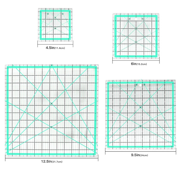 4 stk. firkantede quiltelinealer (12,5”/ 9,5”/ 6”/ 4,5”) Syning Akryl lineal Antiskrid Metric lineal DIY Quilteværktøjer med klare trykte linjer til præcis