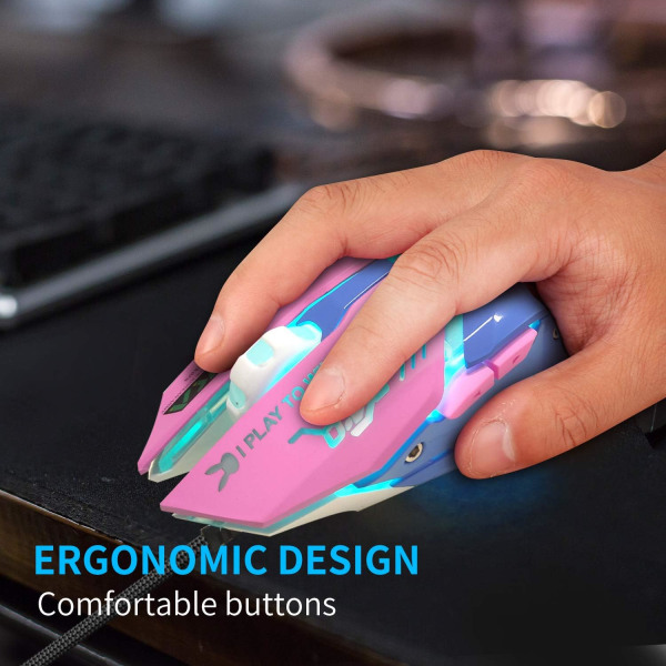 Gamingmus, 7 farger bakgrunnsbelyst optisk spillmus ergonomisk USB kablet med 2400 DPI og 6 knapper 4 skyting for datamaskin/Win/Android/iOS. (Rosa blå)