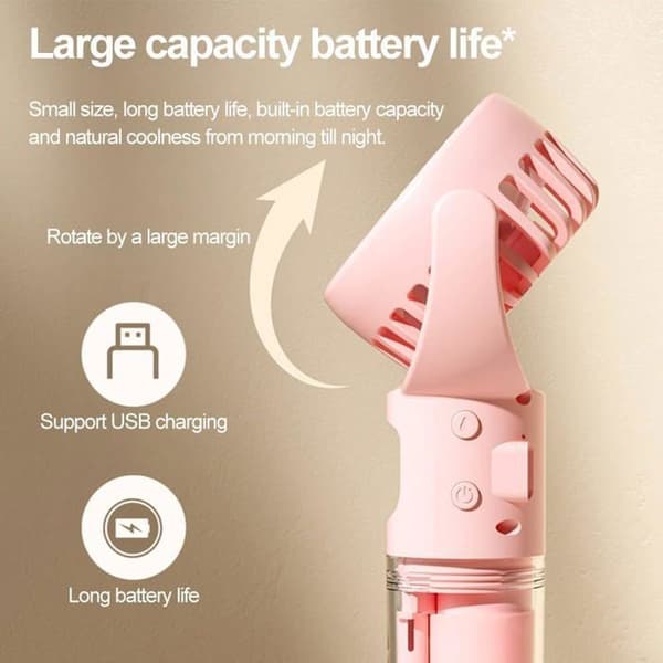 Bærbar vifte med vanntåke, USB, 4 hastigheter, batteridrevet (rosa)