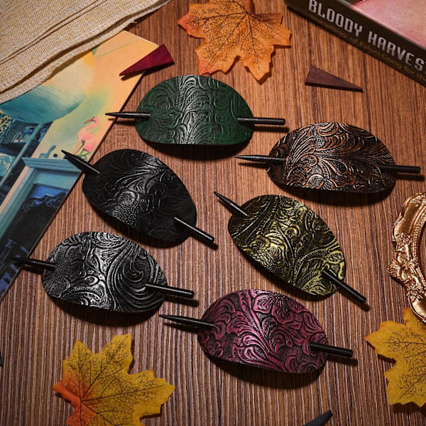 6PCS hårspenne med pinne, Faux Leather Oval Shape hårklips hårskyver pinne hestehaleholdere, Bohemian Style hårtilbehør spenne