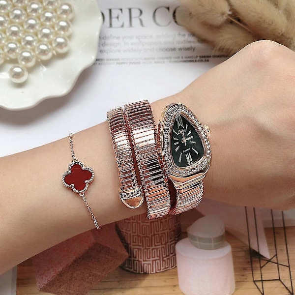 Unikke slangeformede ure til kvinder med rhinsten, mode, luksusmærke, dameur, diamant, slange-armbånd, armbåndsur til piger Rose Gold White