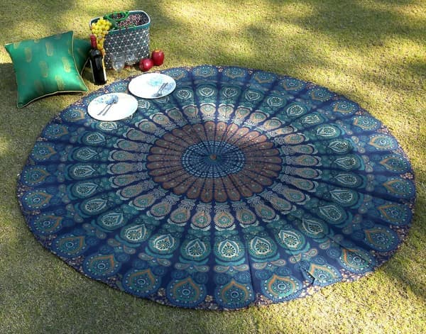 Liten rund gobeläng - Rund duk i ren bomull för picknick och camping - Blå - 121 cm