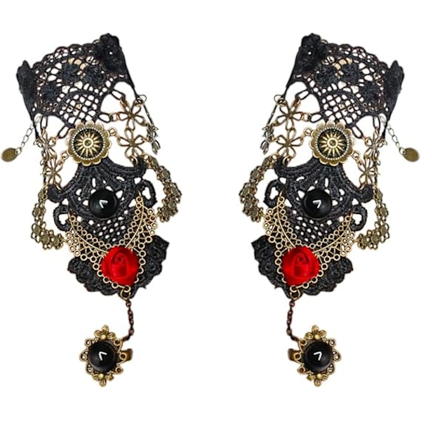 Goottilainen pitsirannekoru sormen sormuksella Steampunk-rannekoru Viktorian aikakauden naamiaisasu Vintage-häät Prom-festivaali Käsiketju Korut naisille tytöille