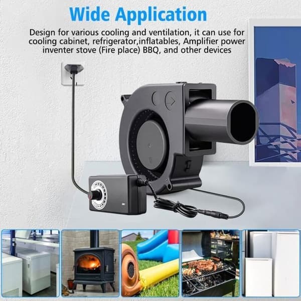 12V/220V radialventilator med controller; til ventilation, grill, pejs eller varmemølle