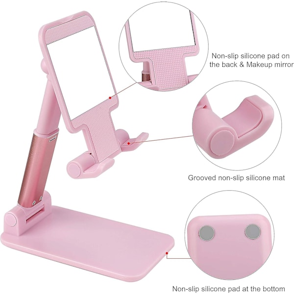 Sammenleggbar mobiltelefonholder Skrivebord Multi-Vinkel Bærbar Nettbrettholder med Speil for iPhone Android Smartphone Rosa