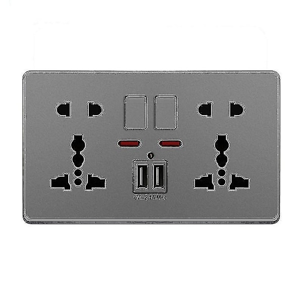 Multifunksjons stikkontakt med trykknapp, UK 13A, 2.1A dobbel USB-lader, tre- og to-hulls vegguttak Gray