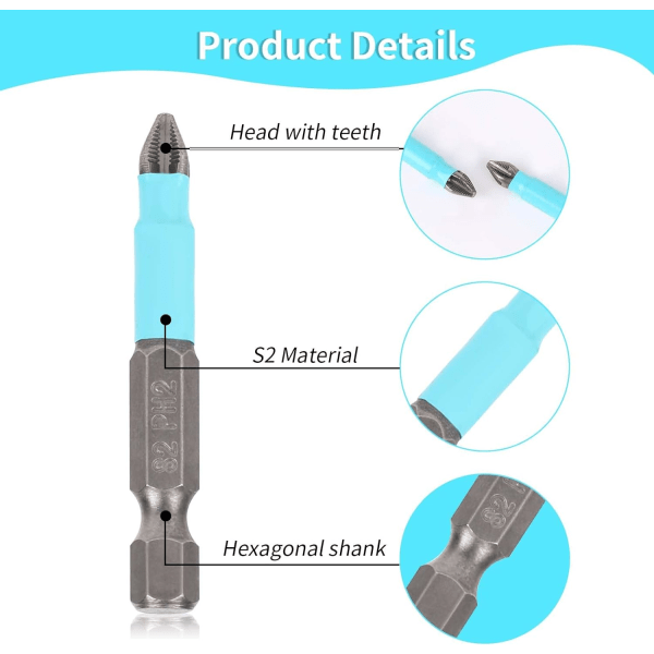 10 stk Phillips-skrutrekkerbitssett med magnetisk Phillips-skrutrekkerbitssett Ph2 Phillips-bitssett, 1/4 tommers sekskantskaft 2 tommer/50 mm