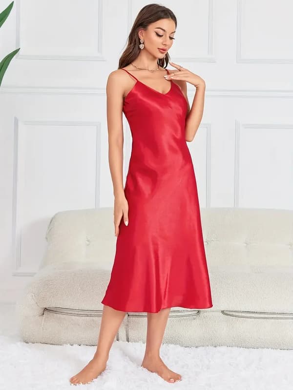 Solid Satin Slip Nattlinne, Elegant V-ringad Rygglös Spaghettiband Nattklänning, Dam Sovkläder & Klänningar Röd Röd 2XL Red 2XL