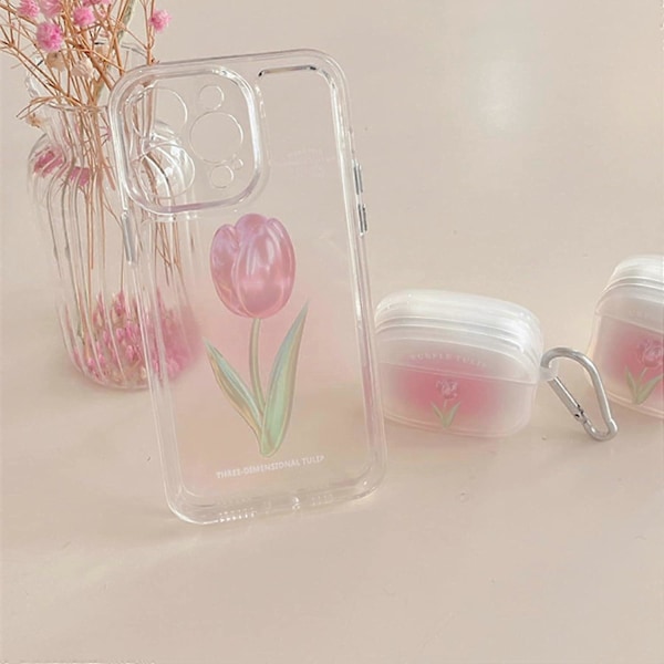 Blommig Mobilskal Kompatibelt med iPhone 12, Sött Estetiskt Klart Tulpan Mobilskal för Kvinnor Flickor Clear Tulip Pink iphone 14 plus case