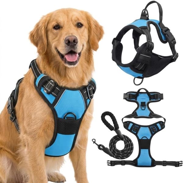 Blå reflekterende \"no-pull\" hundesele (Størrelse L) med justerbar vest, frontfæste og snor (1,5m)