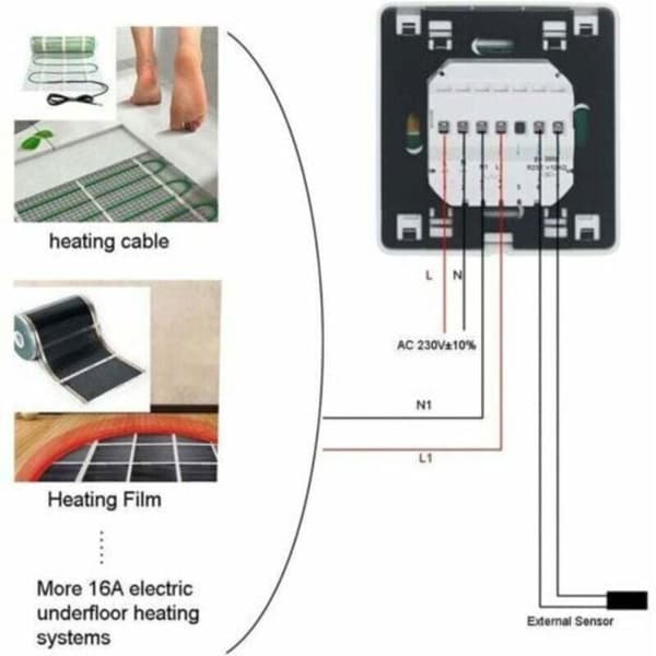 Programmerbar 16A digital rumtermostat med føler til elektrisk gulvvarme (DEBUNS) – præcis temperaturstyring