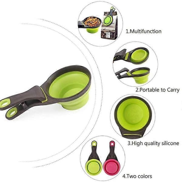 Ny stil Hopfällbar Måttsked för Djurfoder med Påsklämma, Multifunktionell Mätkopp för Djurfoder, Hund Katt Matningsskopa i Silikon Hopfällbar Hundmat Light Green 118ml