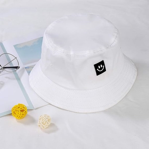 Bucket Hat Foldbar bomuldssolhætte Fiskerhat Lovely Smile Strandkasket til ferie Skole Shopping Vandring 56-58 Hvid