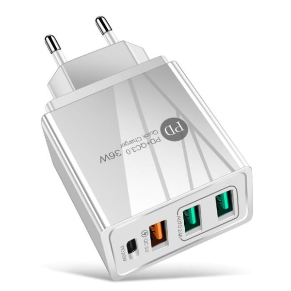 4A europæisk og amerikansk mobiltelefonoplader PD20W+2.4A 3USB multi-port opladningshovedadapter - White