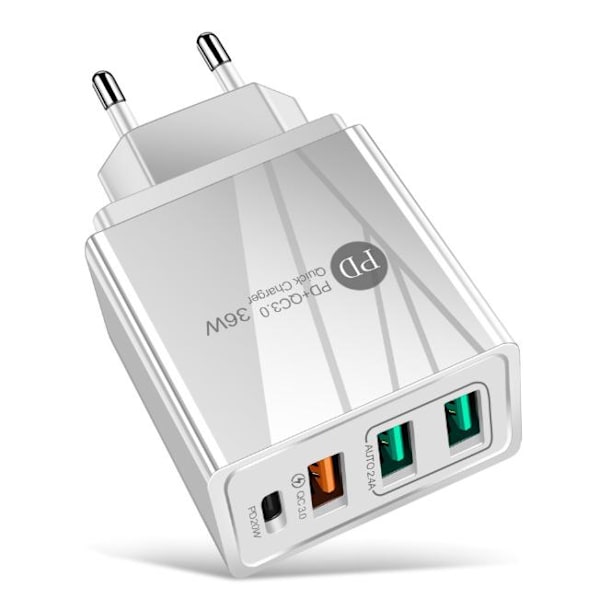 4A europeisk og amerikansk mobiltelefonlader PD20W+2.4A 3USB multiport-ladehodeadapter - White