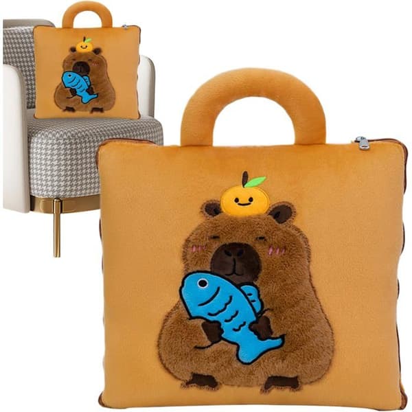 2-i-1 Flyrejsetæppe og Pude (Capybara Design) – Blød Pude/Ryglæn til Søvn (Skole/Bil) - 04