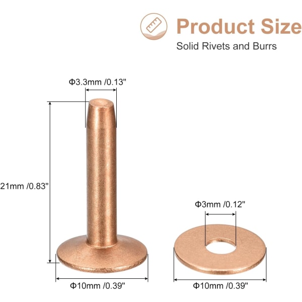 10 set koppar nitar och grader, 10x3,3x21mm solida läder koppar nitfäste för läder DIY hantverksmaterial, koppar ton