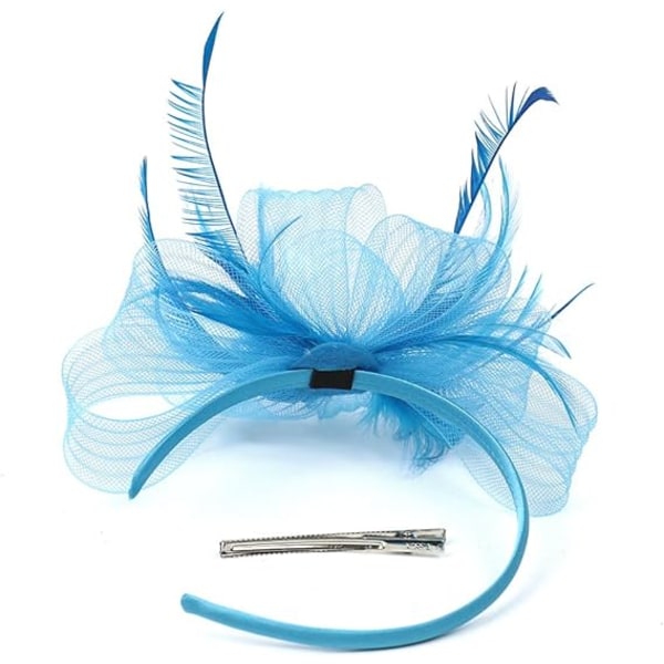 Kvinnlig Fascinator Hatt Blomma Bröllop Fascinator Hårband Fjäder Flapper Brud Hårprydnad Huvudbonader Pillbox Hatt Bowler Mini Topphatt Hårklämmor(blå)