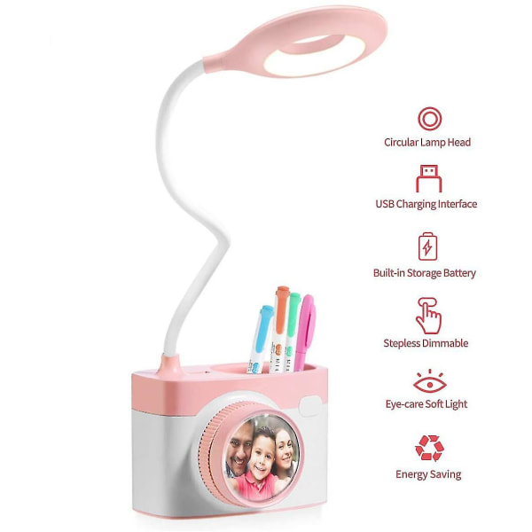 Bordlampe for barn, øyevennlig leselampe med penneholder, rosa