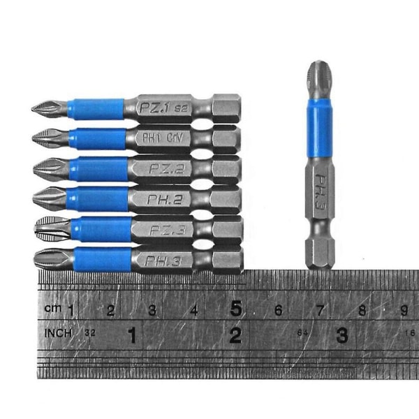 6 stk sklisikre magnetiske skrutrekkerbitssett 50mm 1/4 sekskantskaft Phillips/krysshode skrutrekkerbor Ph1/ph2/ph3/pz1/pz2/pz3