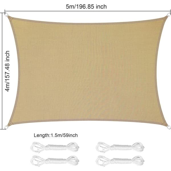 Rektangulært 4x5m polyester solseil - vanntett, UV-beskyttelse, sand